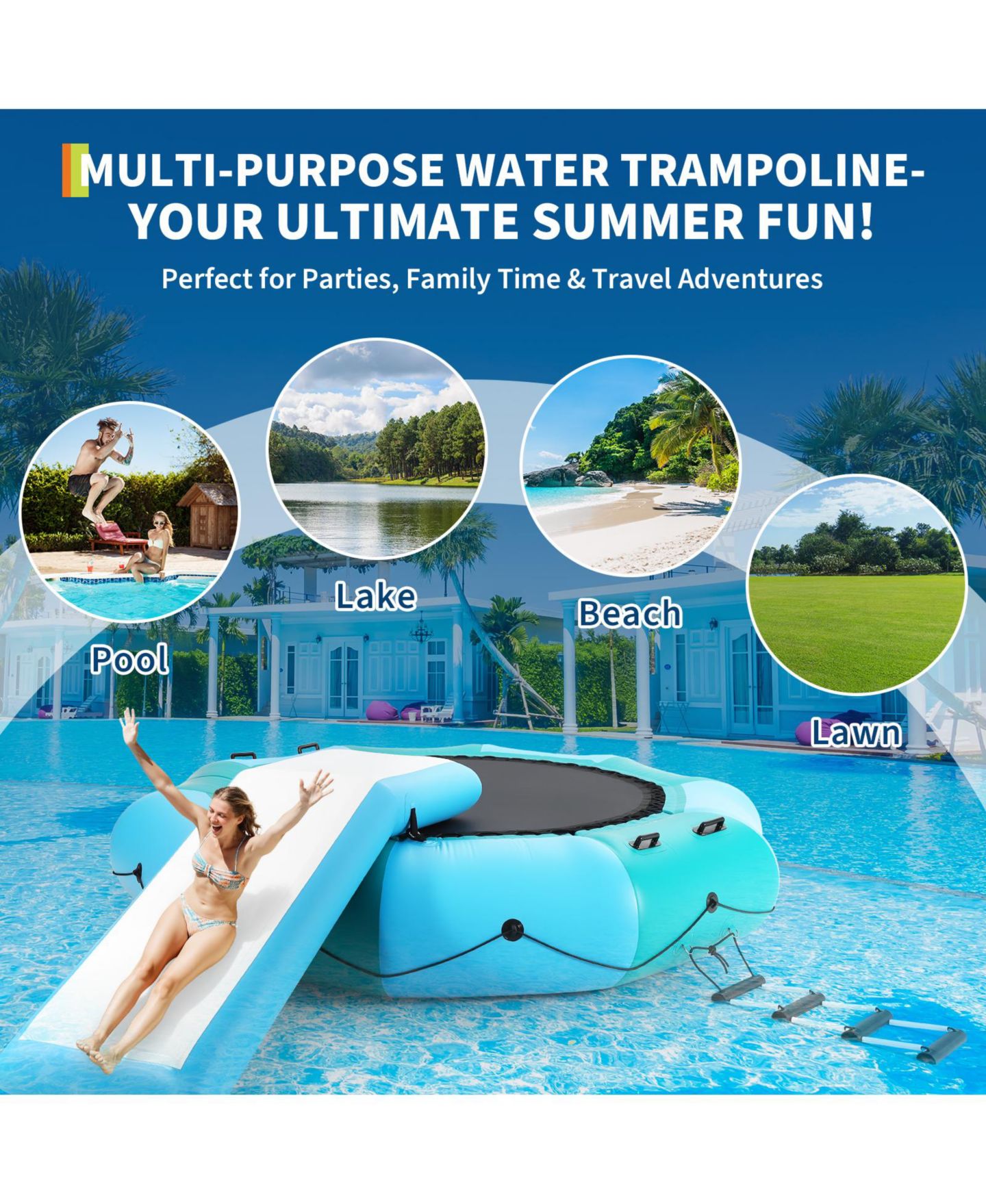 Детская игрушка homfan Inflatable Water Trampoline, 10 Foot, PVC, with Slide, 408 lb Capacity, цвет: Синий — фото 7