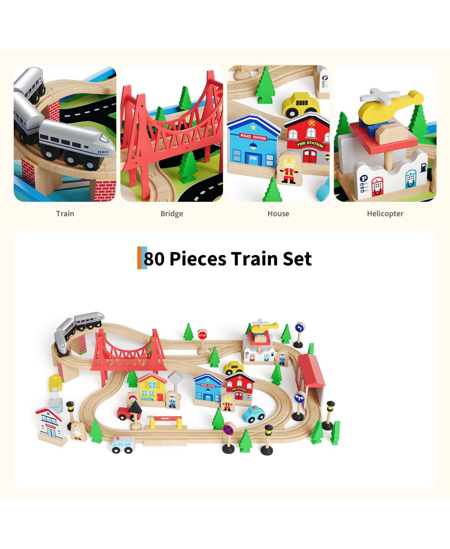 Детские игрушки homfan Train and City 2 in 1 Reversible 80-Piece Wooden Activity Table, Ages 3+ — фото 3