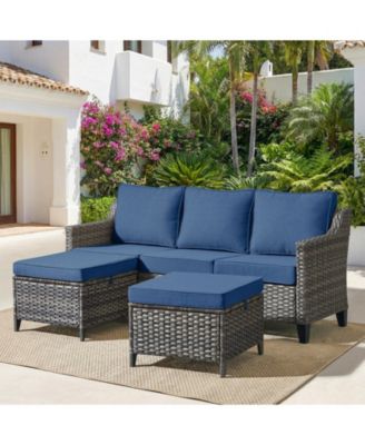 3 Pieces Patio Furniture Set All-Weather Outdoor Wicker Sofa Couch Patio Furniture with Cushion and Wicker Ottomans