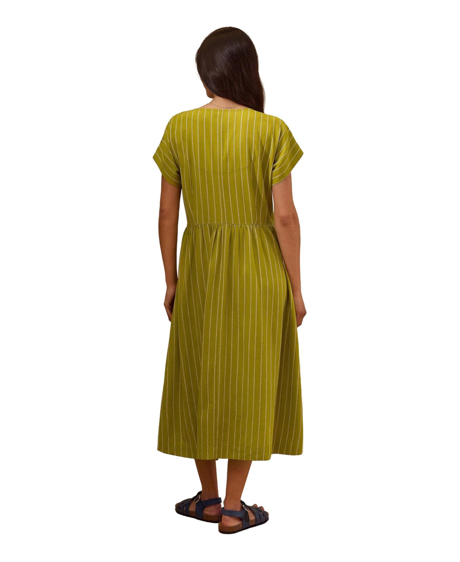 Women's V-Neck Gathered-Waist Striped Midi Dress