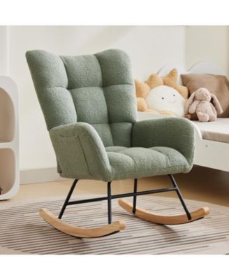 Modern Nursery Rocking Chair, 300lbs Teddy Upholstered Glider with Side Pockets, High Backrest, Armrests, Metal Legs and Wood Base