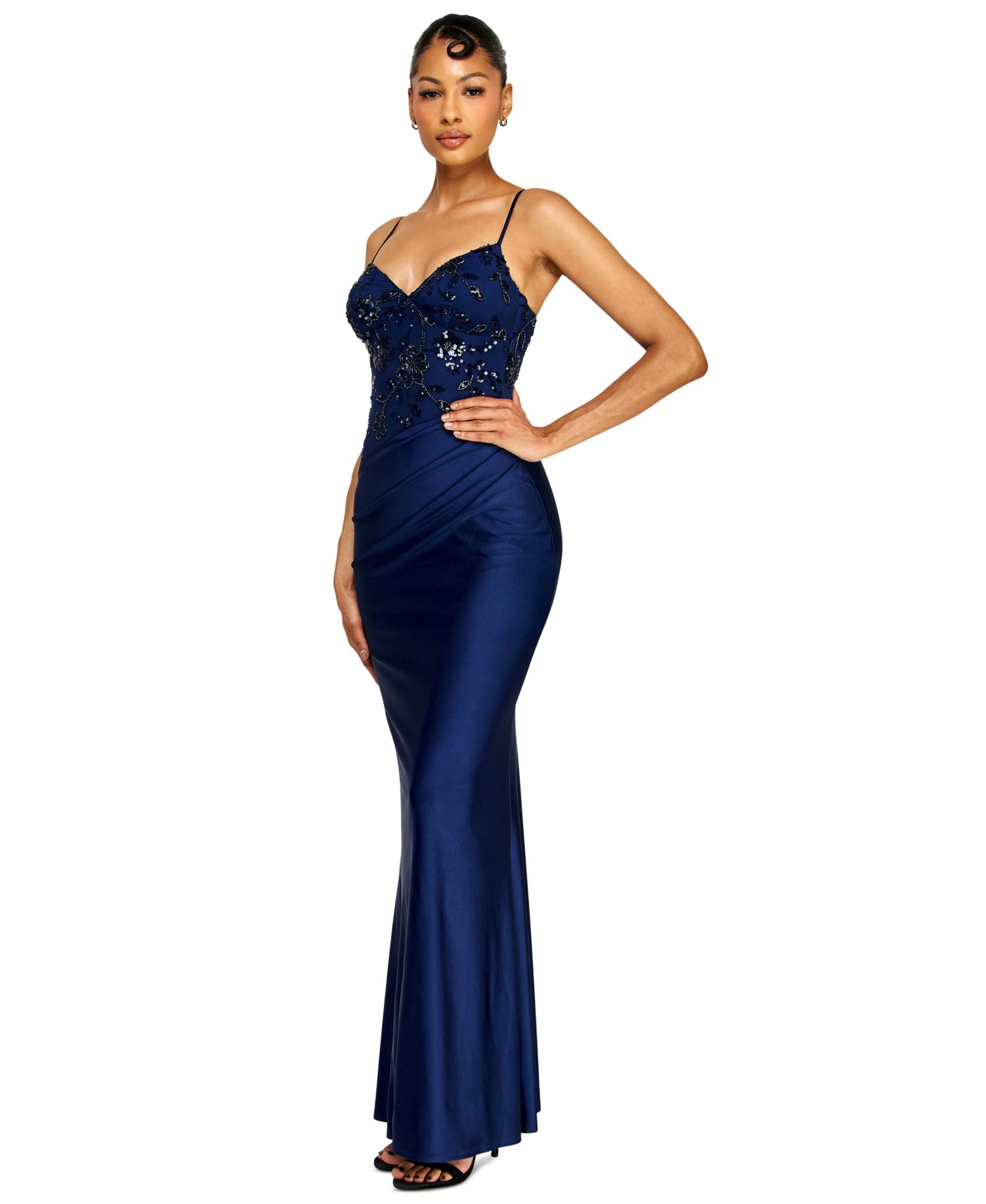 Juniors' V-Neck Beaded Sequin Asymmetrical Waist Gown