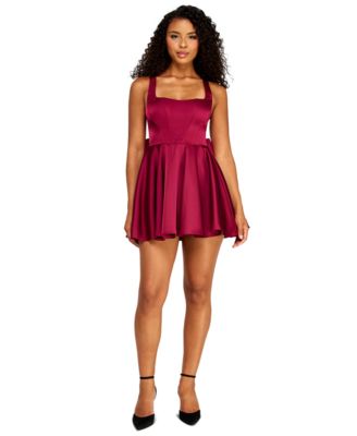 Juniors' Square-Neck Corset-Bodice Back-Bow Mini Dress