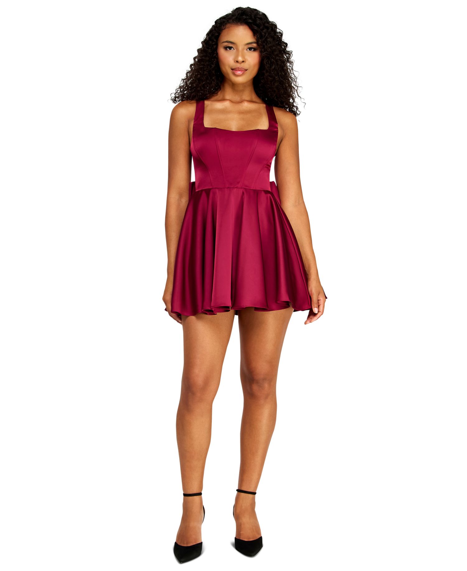 Juniors' Square-Neck Corset-Bodice Back-Bow Mini Dress