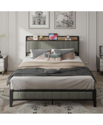 King Size Platform Bed Frame with USB Outlets, Heavy Duty Metal Slats, No Box Spring Needed, Under-Bed Storage