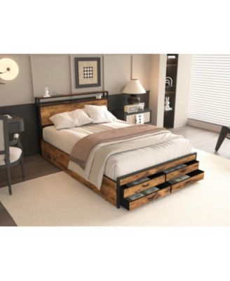 Queen Size Bed Frame with 8 Storage Drawers, LED Headboard, USB Charging Station, Metal Platform, No Box Spring Needed
