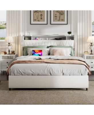 Queen Size Platform Bed Frame with Ergonomic Headboard, Outlets, USB Charger, Storage Shelf, Noise-Free, No Box Spring Needed