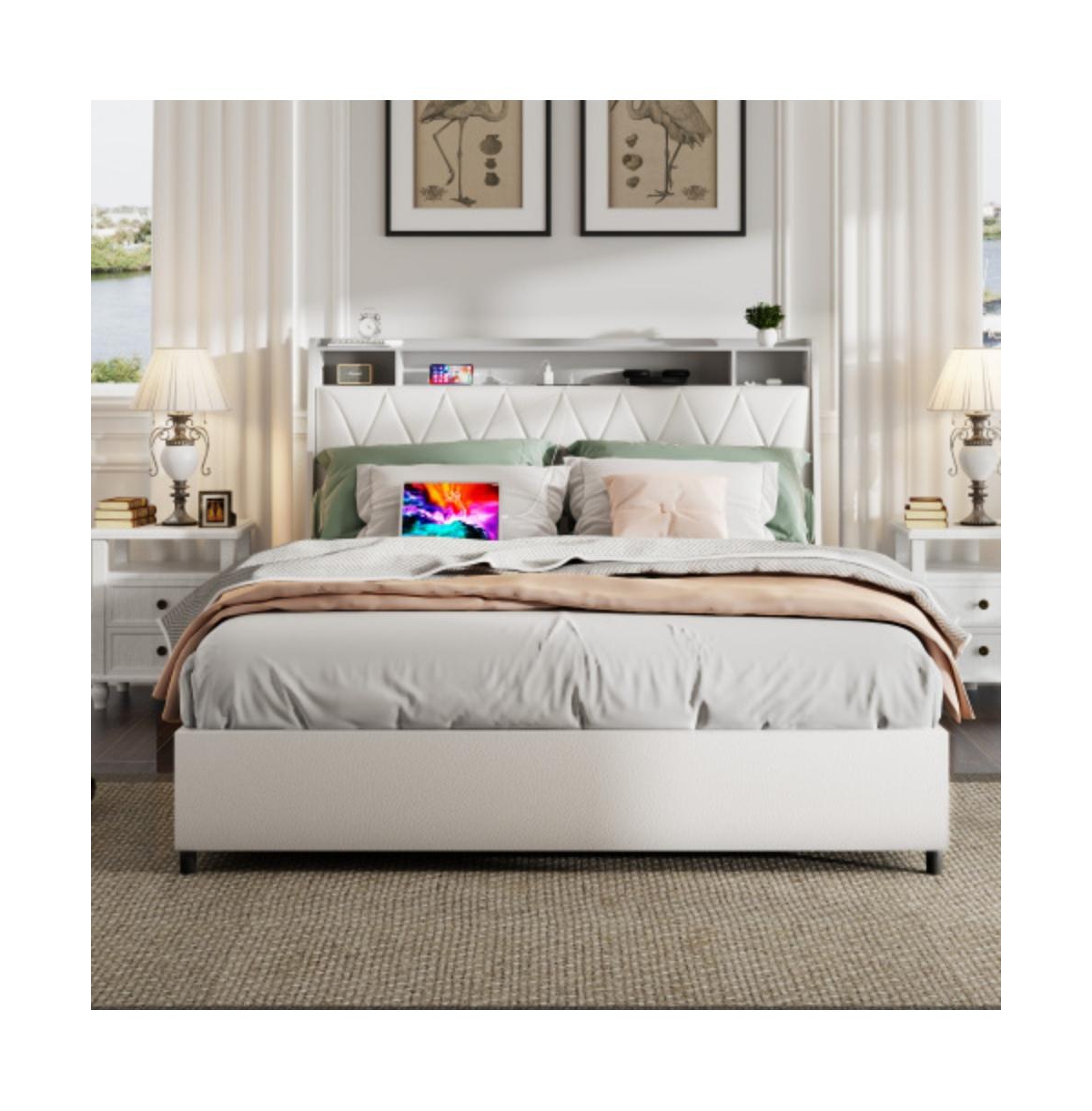Lucky One Queen Size Platform Bed Frame with Ergonomic Headboard, Outlets, Usb Charger, Storage Shelf, Noise-Free, No Box Spring Needed - White