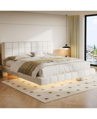 King Size Boucle Floating Bed with LED Light, Anti-Collision Corners, No Box Spring Needed, Easy Clean Under-Bed