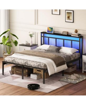 14 Inch Queen Size Bed Frame with Storage Headboard, USB-C and Type-C Charging, RGB LED Lights, Metal Slats, No Box Spring Needed