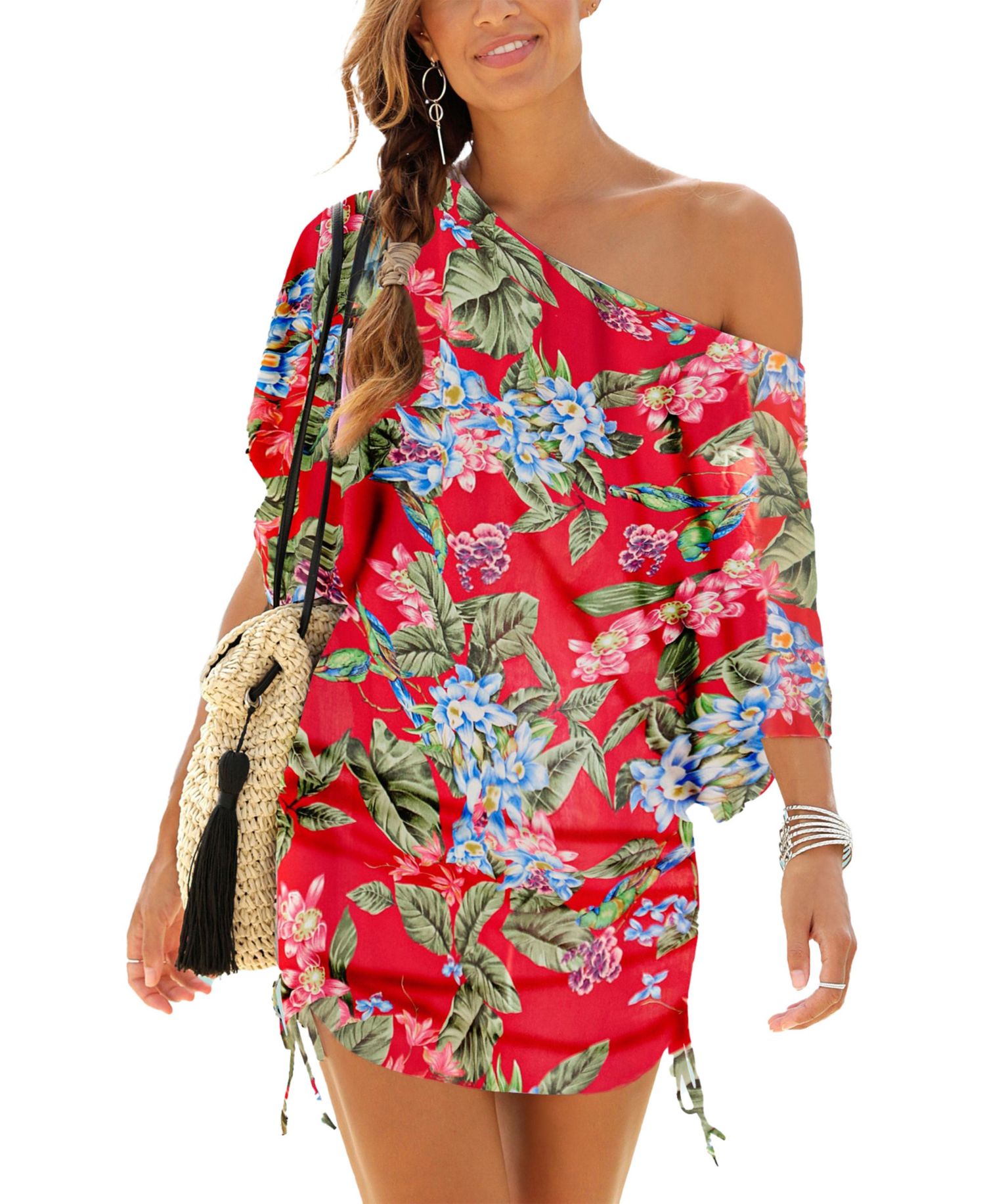Women's Viscose Printed Ruched Drawstring Short Dress