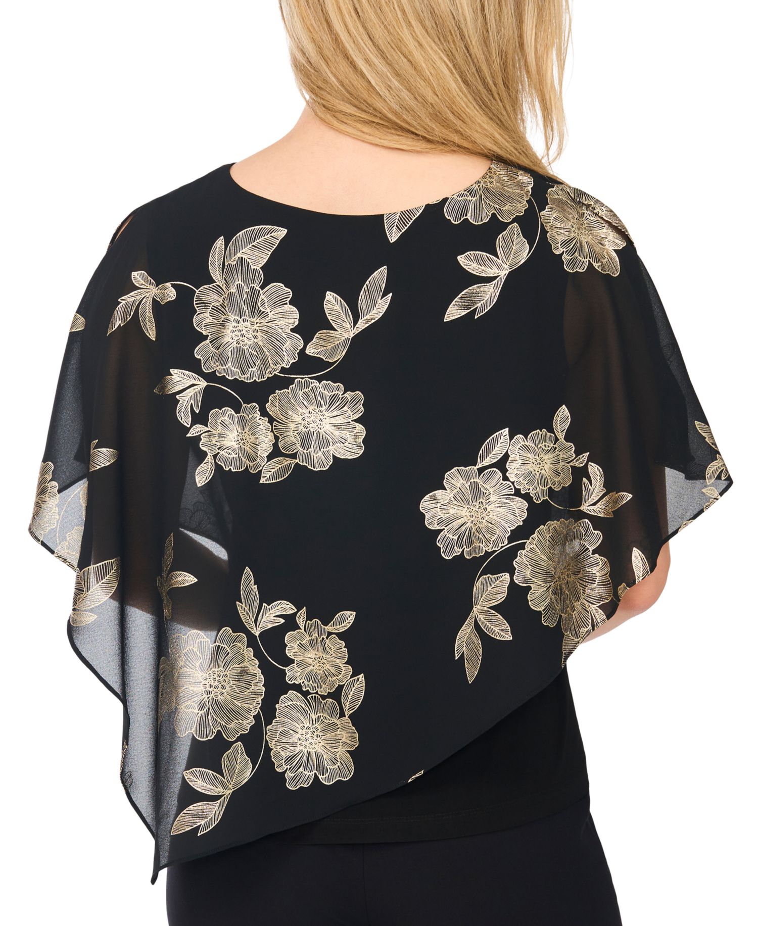 Petite Combo Overlay Asymmetrical Floral-Metallic Top