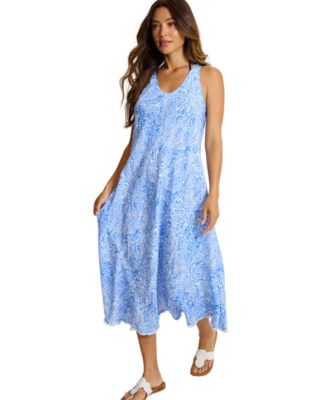 Women's Paisley Daze V-Neck Fringed-Hem Linen-Blend Dress