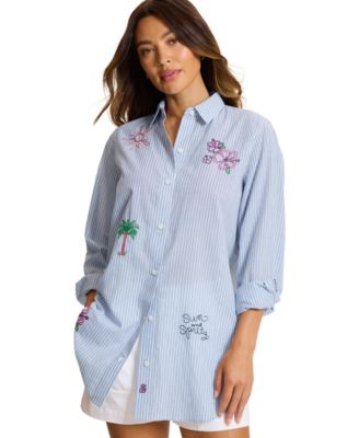 Women's Striped Embroidered Long-Sleeve Boyfriend Shirt