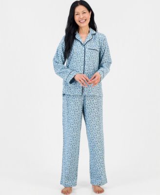 Women's Cotton Flannel Long-Sleeve Notch Collar Pajama Top and Pajama Pants Set