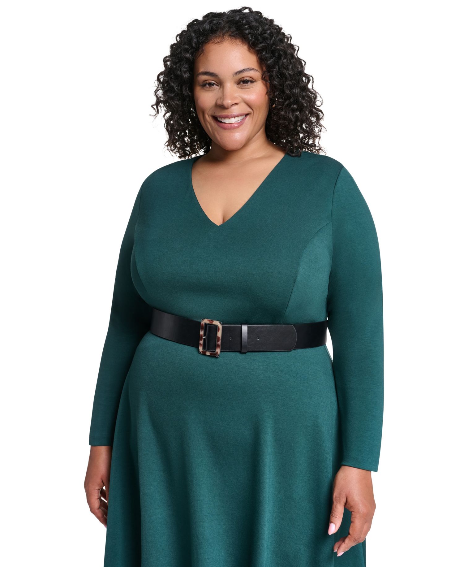 Plus V-Neck 3/4 Sleeve Fit & Flare Dress