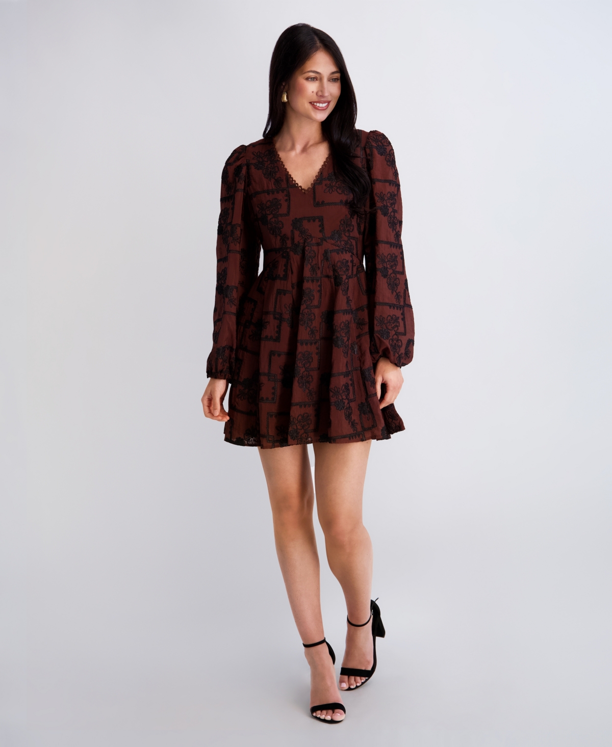 Kensie Women's Embroidered V-Neck Blouson Sleeve Mini Dress