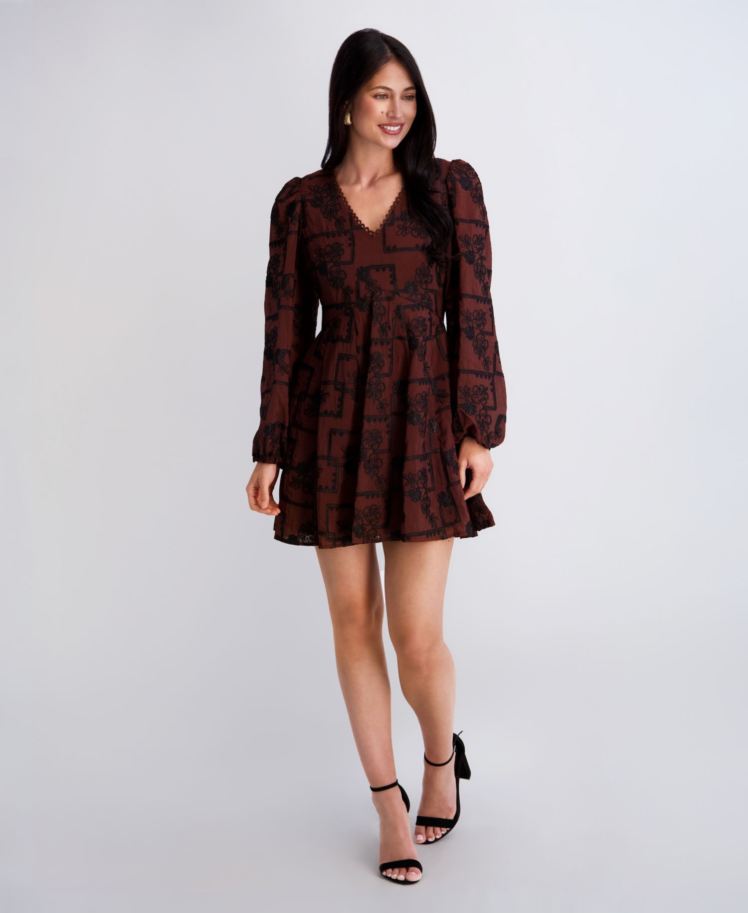 Women's Embroidered V-Neck Blouson Sleeve Mini Dress