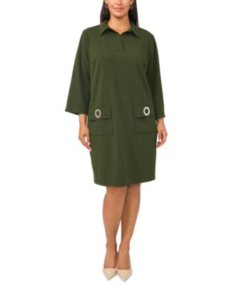 Plus Size Pocket Shift V-Neck 3/4 Sleeve Dress