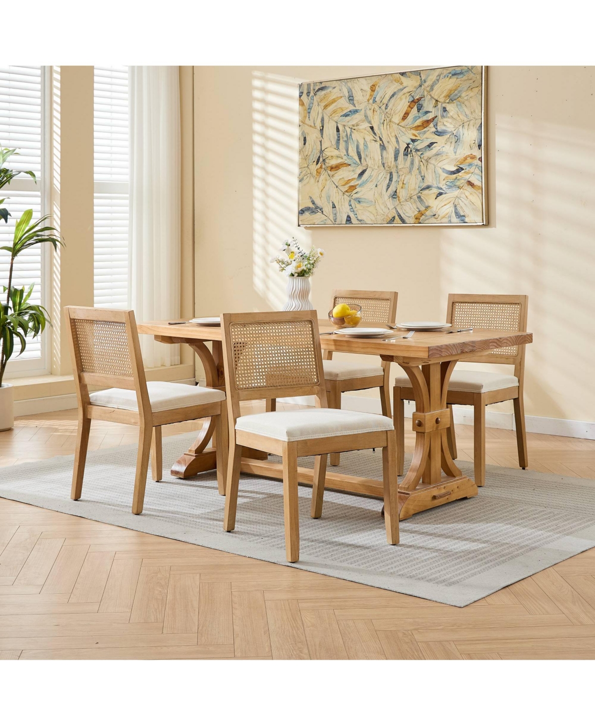 Maison Boucle Mid Century Modern Dining Chairs Set of 2, Farmhouse Rattan Cane Back Side Chairs, Linen Upholstered Seat, Solid Wood Frame