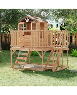 2 Story Wooden Playhouse, Brown Cedar Outdoor Playhouse with Climbing Wall and Step Ladder for Kids Ages 3 to 12