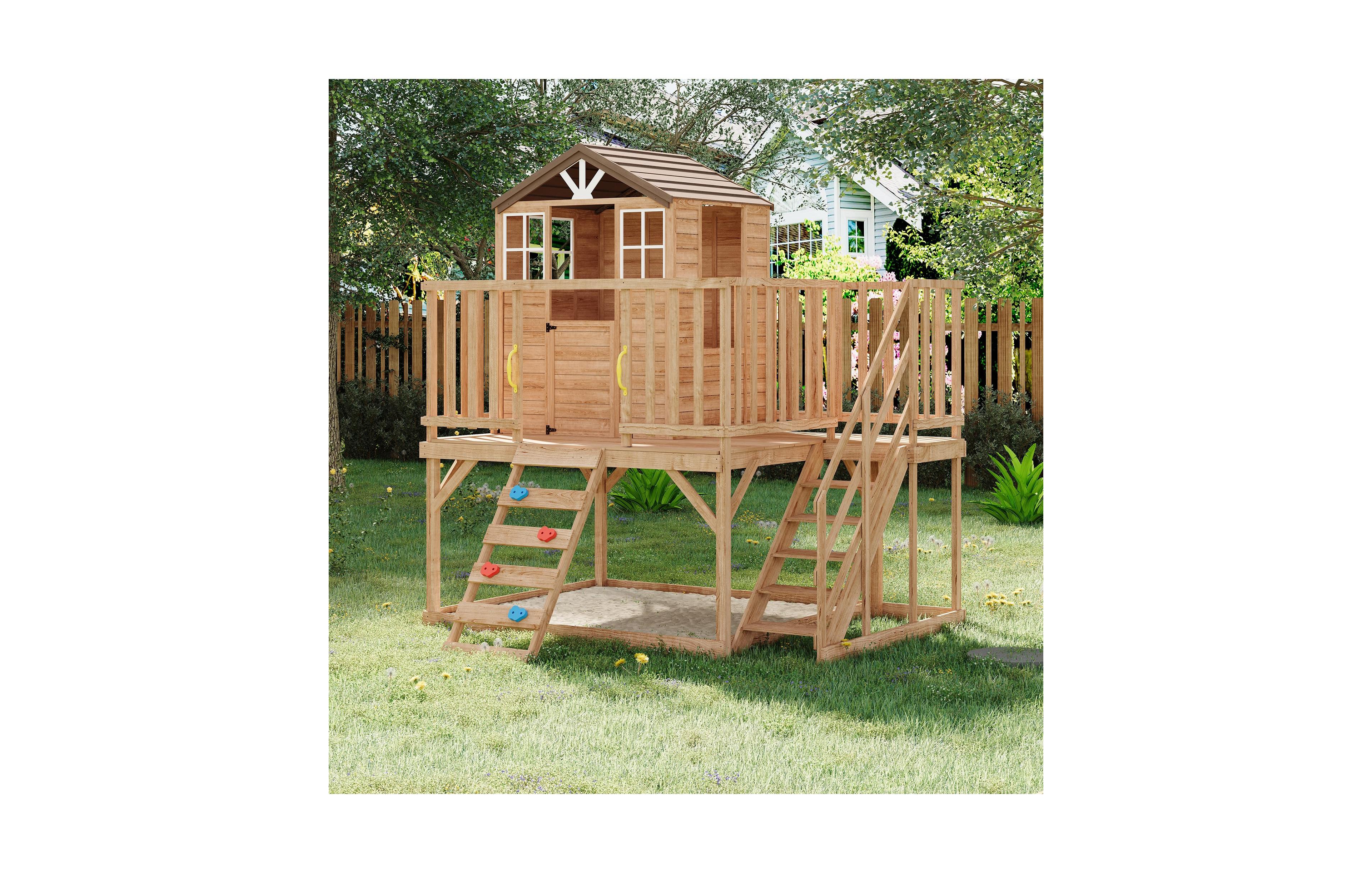 homfan 2 Story Wooden Playhouse, Brown Cedar Outdoor Playhouse with Climbing Wall and Step Ladder for Kids Ages 3 to 12