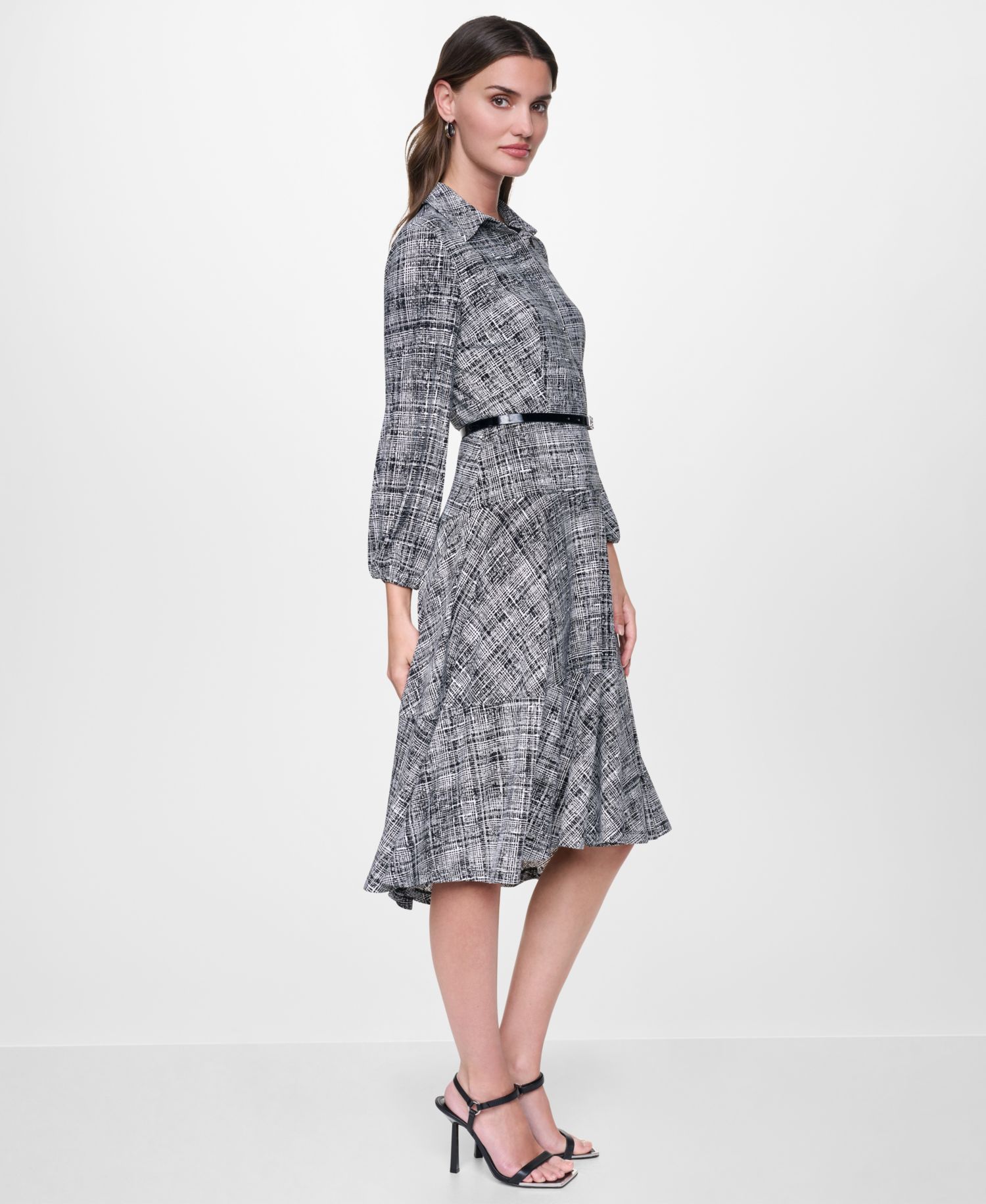 Women's Long Balloon-Sleeve High-Low-Hem Printed Shirt Dress