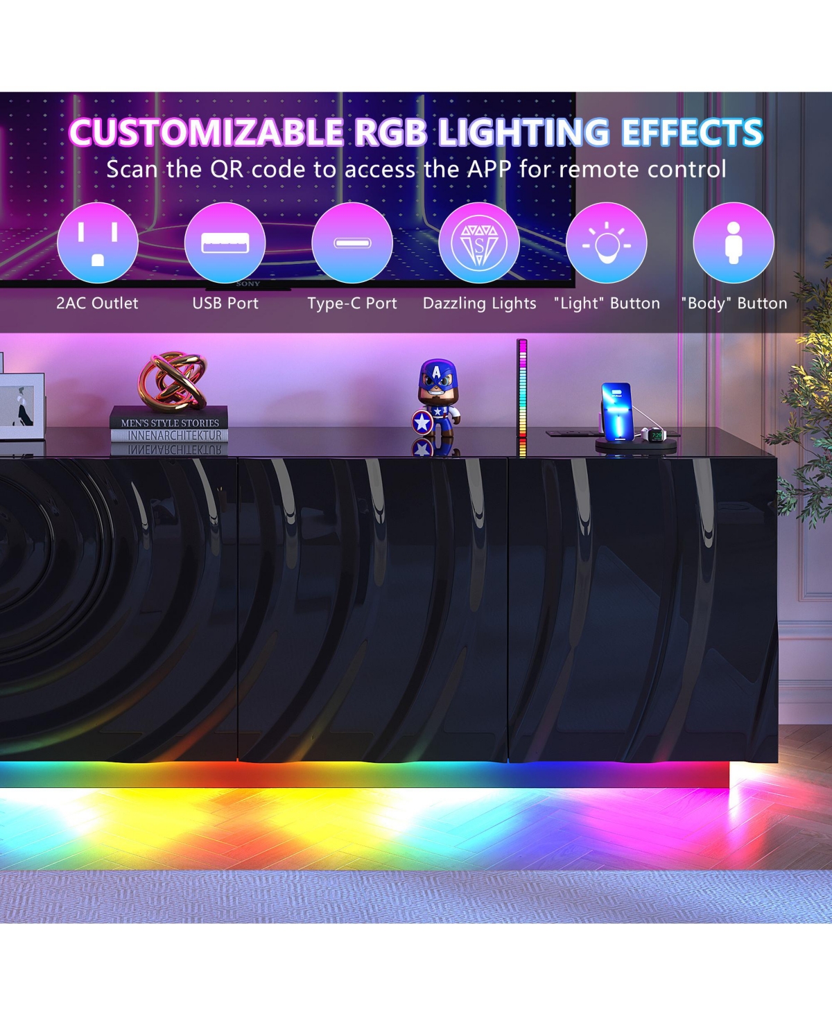 Vlsrka 63" Modern Tv Stand with Motion Sensor Led Light and Built-In Charging