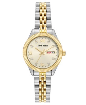 Women's Quartz Sophisticated Round Two-Tone Metal Alloy Crystal Accented Dial Watch 26mm