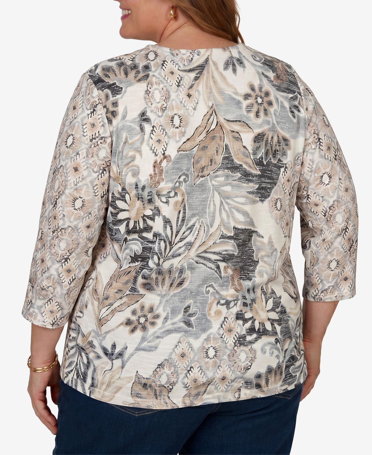 Plus Size Geo Leaf Patchwork 3/4-Sleeve Crewneck Knit Top