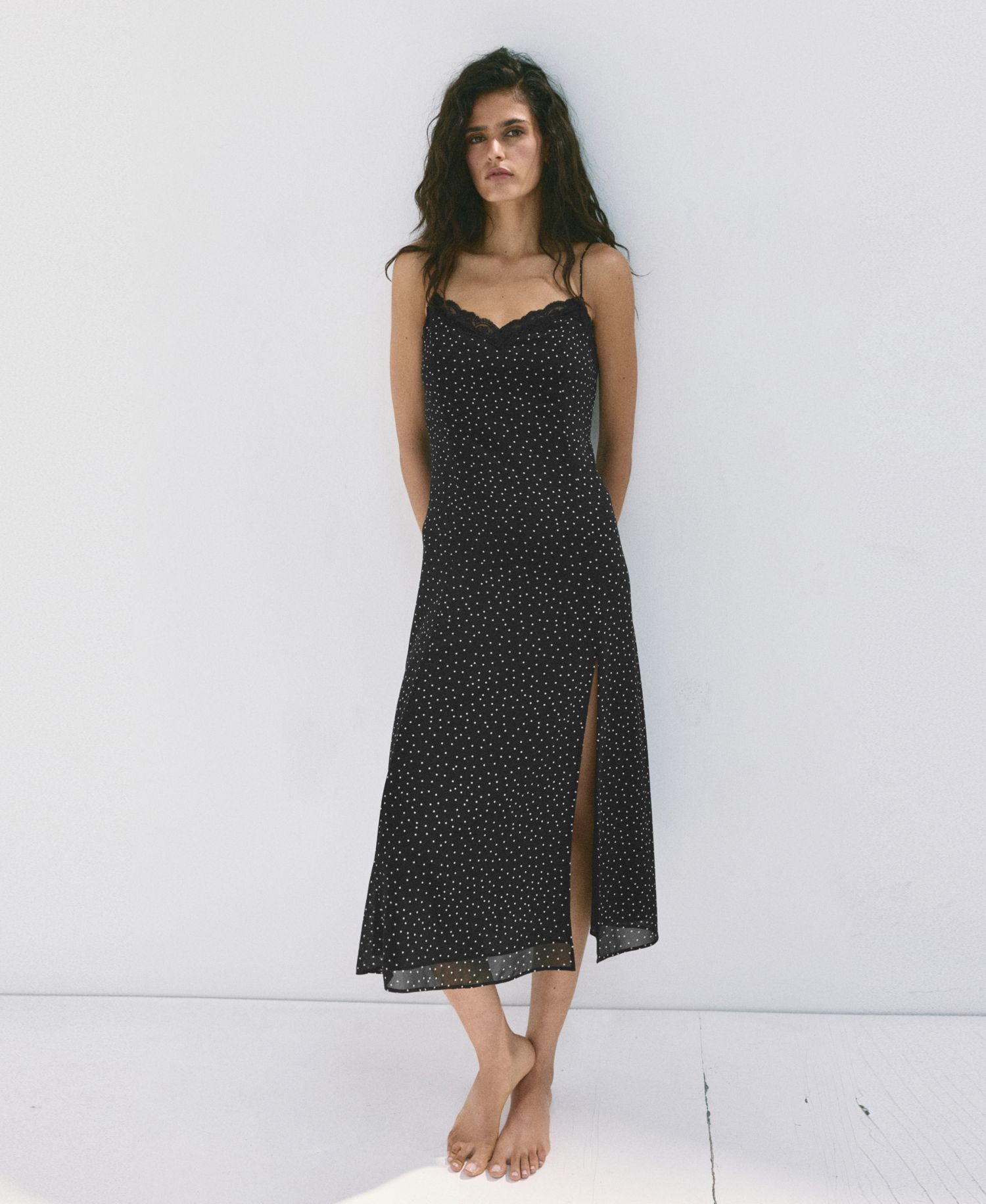 Women's Lace-Detail Polka-Dot V-Neck Dress