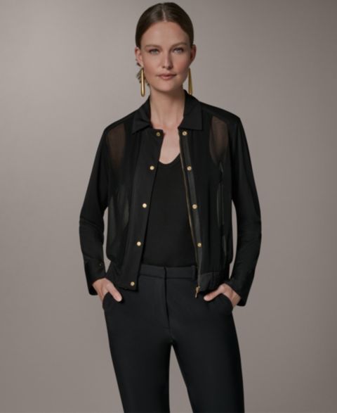 Женские куртки Donna Karan New York Women's Bomber Mixed Media Zip-Front Jersey Jacket