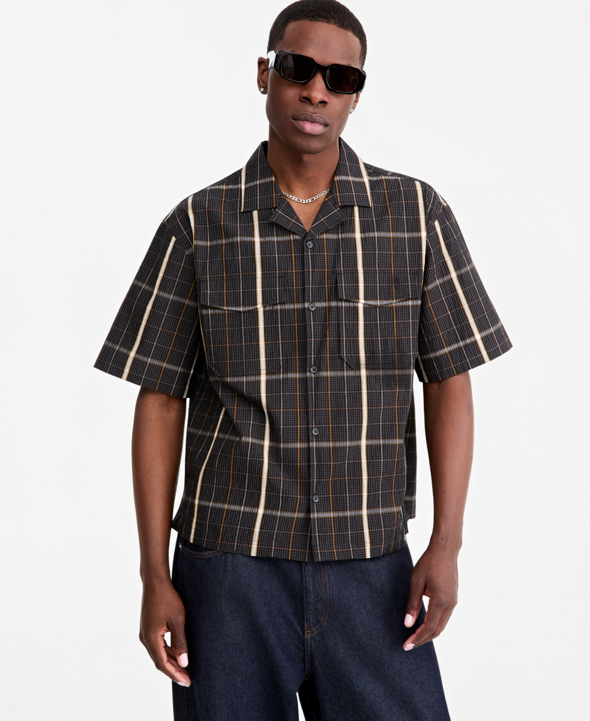 Mode of One Men's Plaid Camp-Collar Short-Sleeve Shirt, Macy's Exclusive
