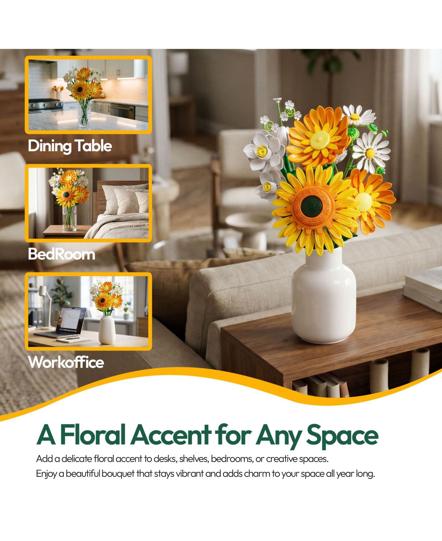 Детский конструктор Contixo BK11 Sunflower Bouquet Building Set, 415-Piece Yellow Floral Brick Kit with Daisies, Daffodils & Adjustable Stems, Creative Home Décor Gift, цвет: Жёлтый / Белый — фото 11