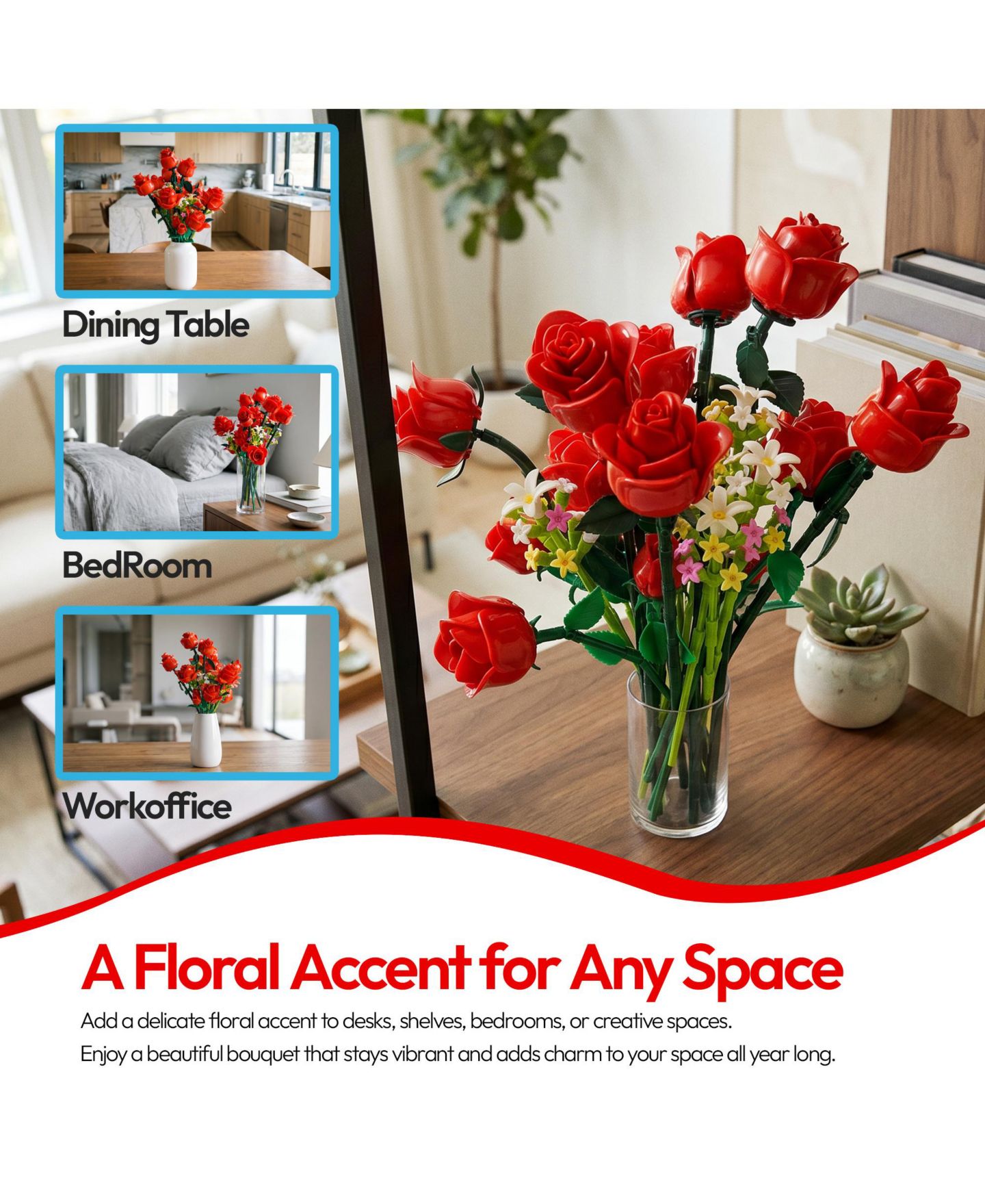 Детский конструктор Contixo BK09 Rose Bouquet Building Set, 789-Piece Red Rose Floral Brick Kit with Adjustable Stems, Romantic Home Décor Gift for Kids & Adults Ages 8+, цвет: Красный — фото 9