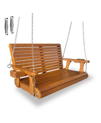 2-Seater 4 FT Wooden Porch Swing High Backrest and Deep Seat with Cupholders for Outdoor Patio Garden