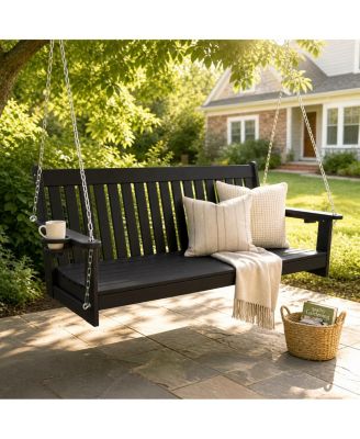 5 feet 3-Seater HDPE Porch Swing with Chains, Weather-Resistant Outdoor Patio Bench with Cup Holders