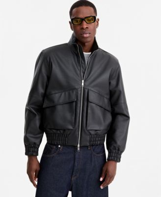 Men's Faux Leather Relaxed-Fit Bomber Jacket