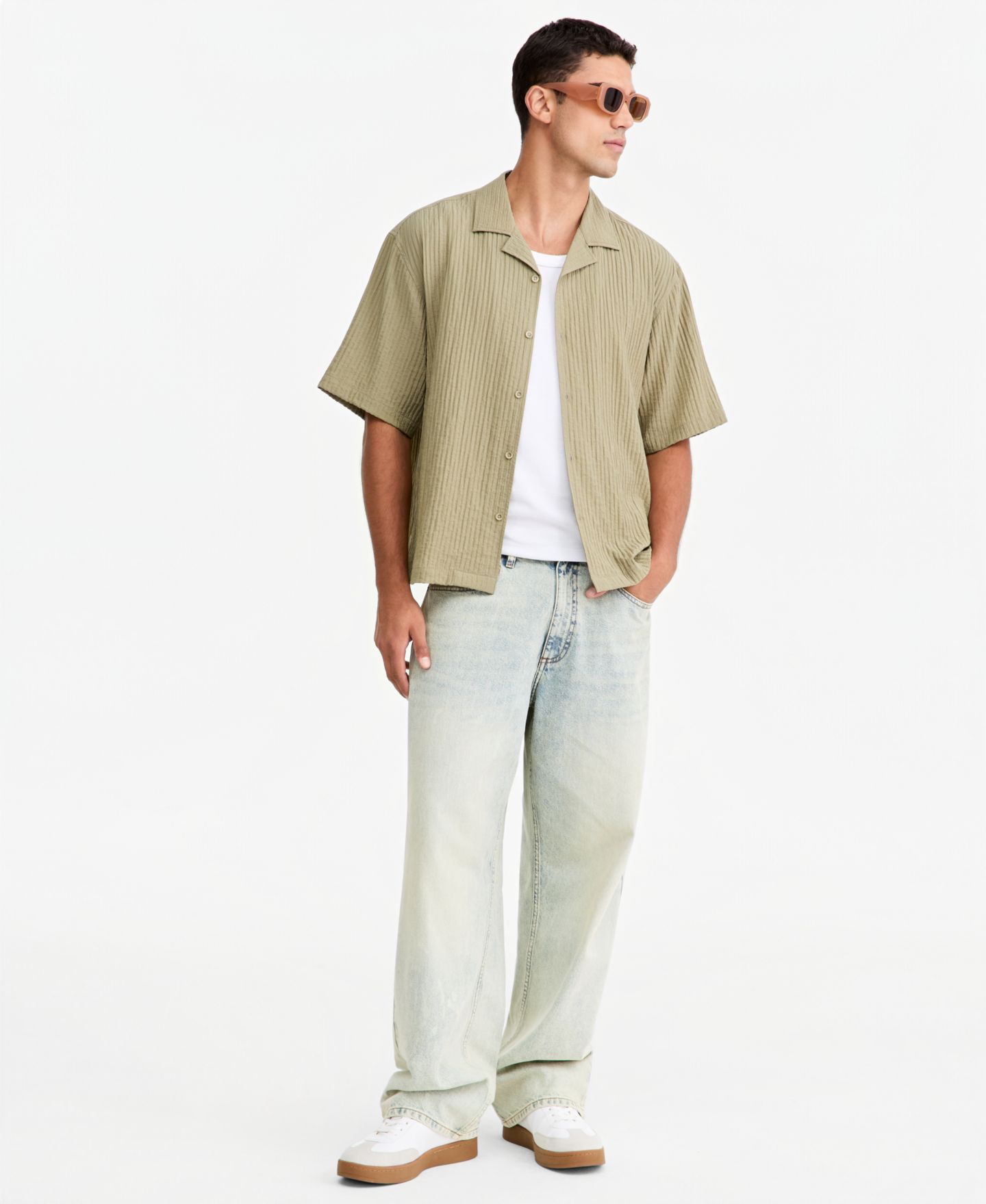 Мужская рубашка Mode of One Bxy Short-Sleeve Striped Camp Collar, цвет: Золотой — фото 5