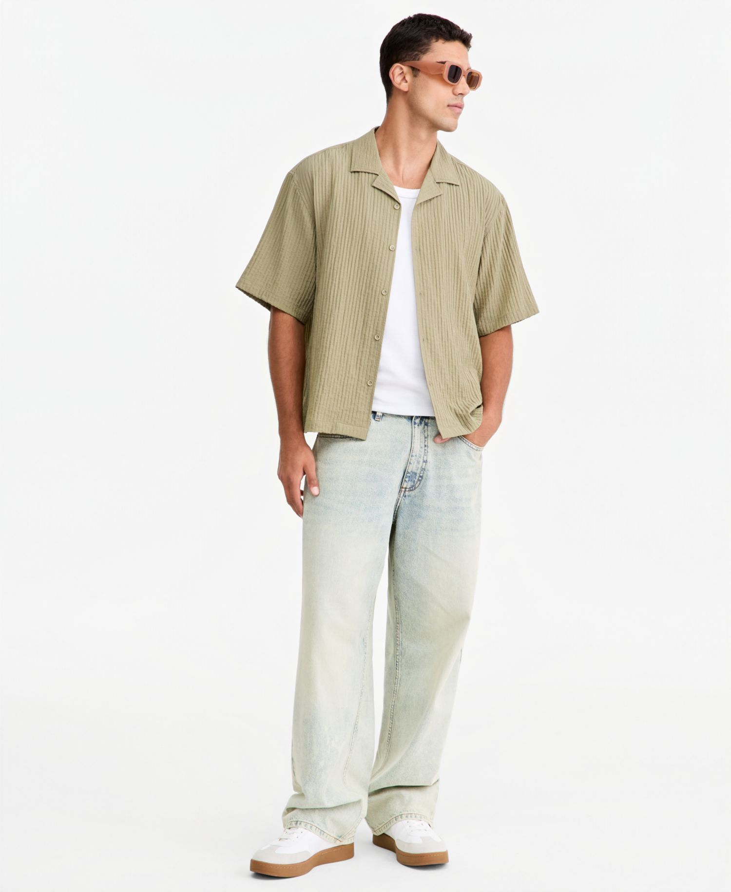 Men's Bxy Short-Sleeve Striped Camp Collar Shirt