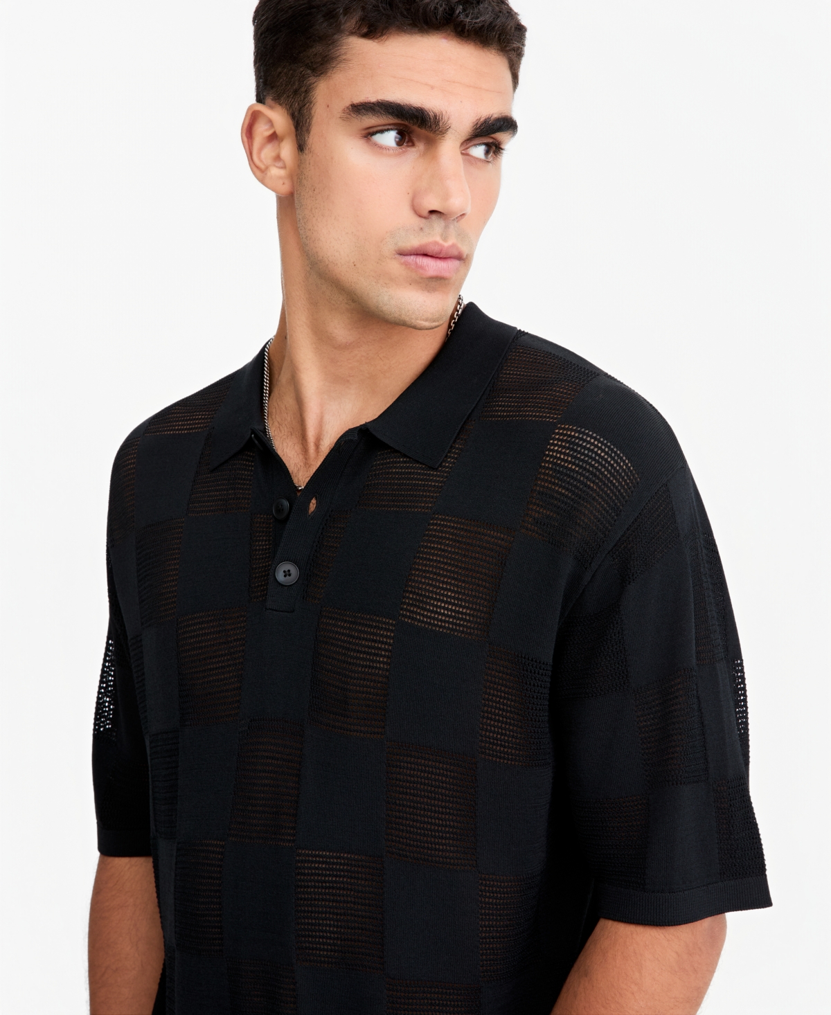 Mode of One Women's Checkerboard-Knit Relaxed-Fit Polo Shirt, Macy's Exclusive