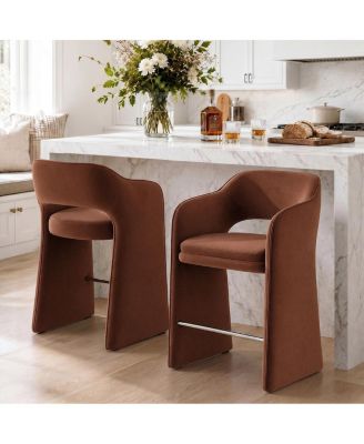 Upholstered Counter Stool Set of 2 With Arms, Velvet Kitchen Island Counter-Height Bar Stools, Modern Waterfall Silhouette