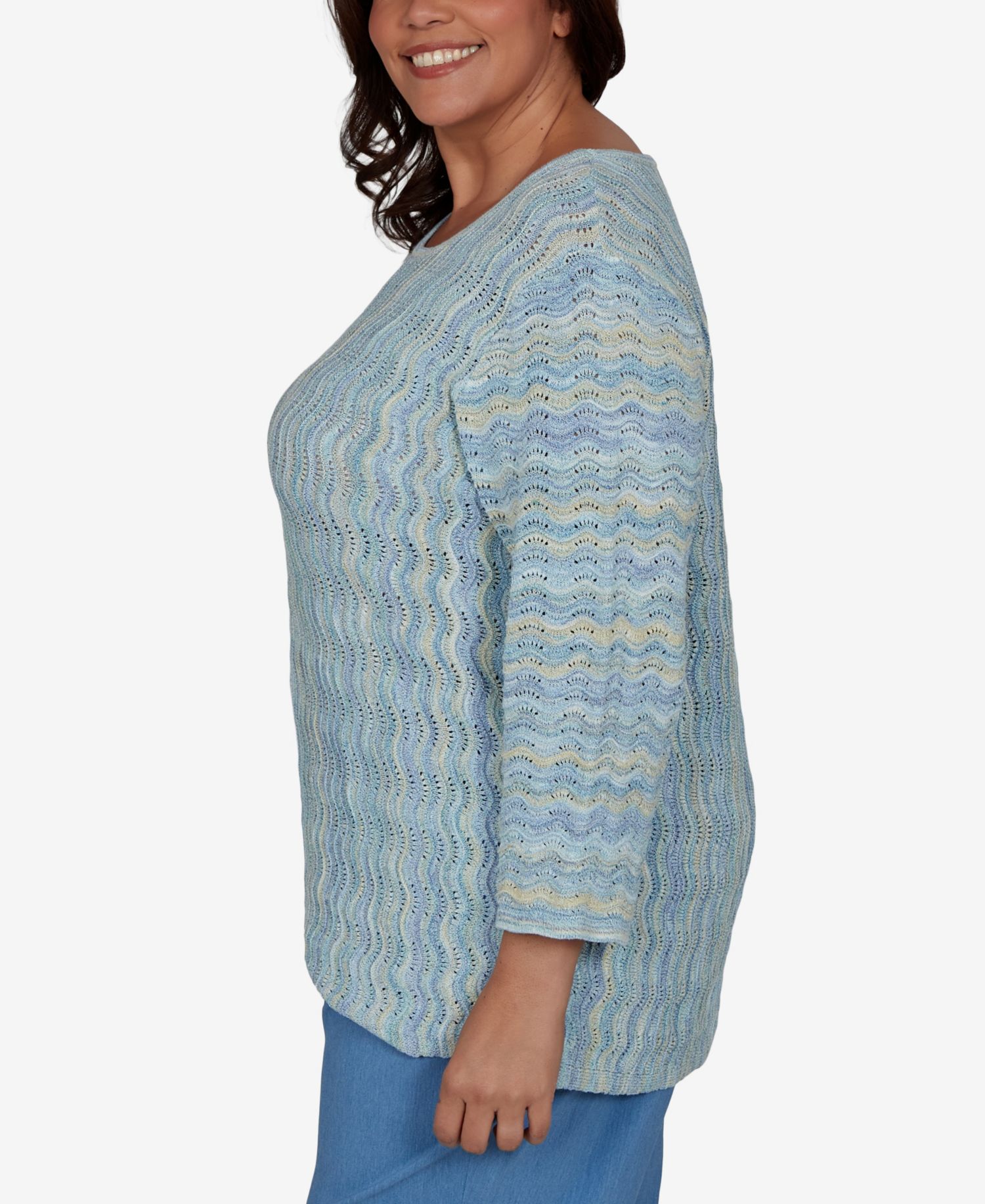 Plus Size Provence Textured Scalloped-Stripe Sweater