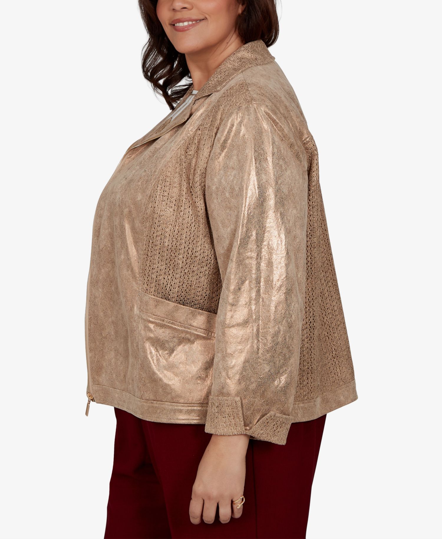 Plus Size Union Square Mixed Media Knit Back 3/4-Sleeve Zip-Front Jacket