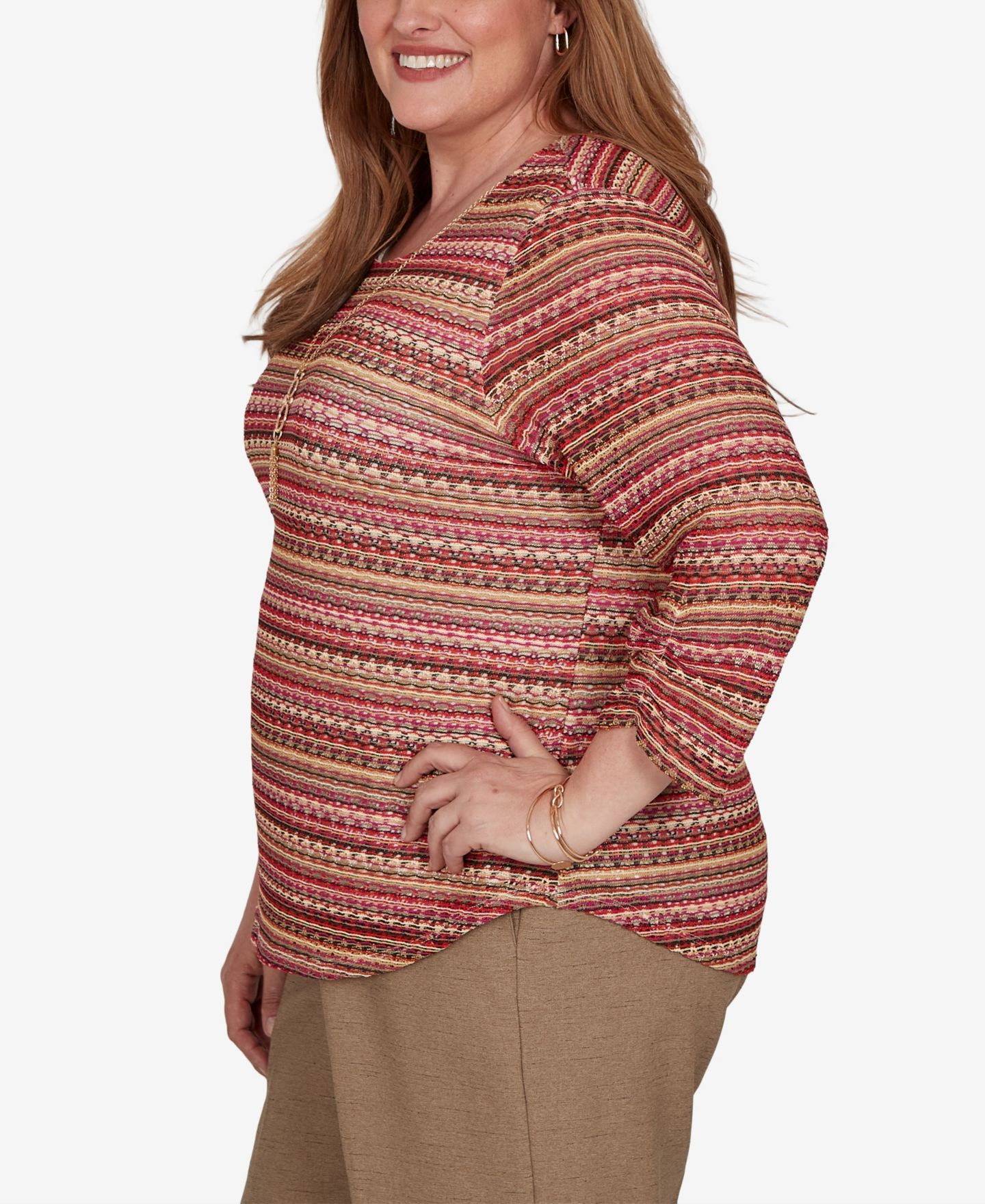 Женская футболка Alfred Dunner Plus Size Union Square 3/4-Sleeve Striped, цвет: Коричневый разноцветный — фото 3