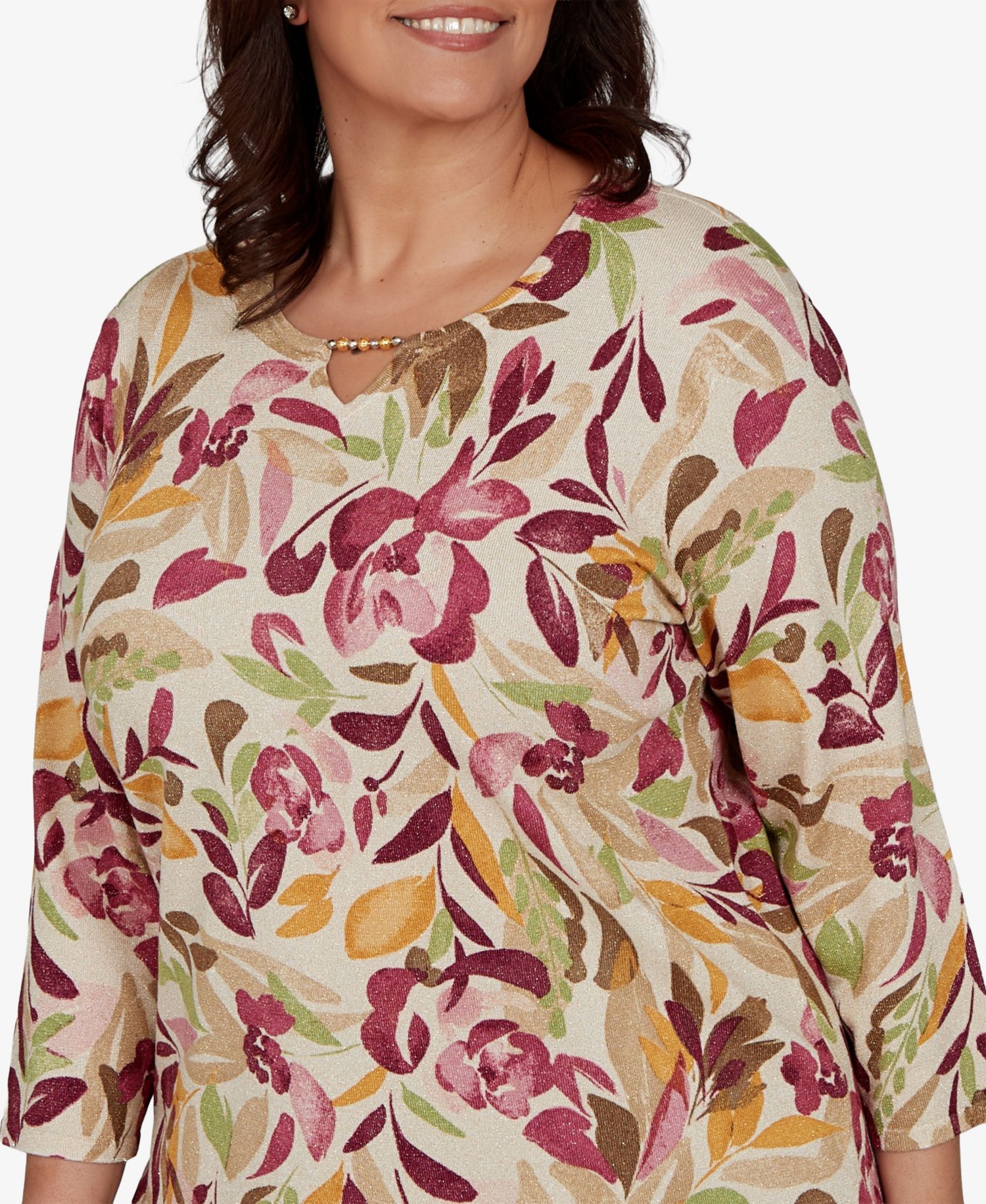 Plus Size Union Square Floral-Print 3/4-Sleeve Shimmer Sweater