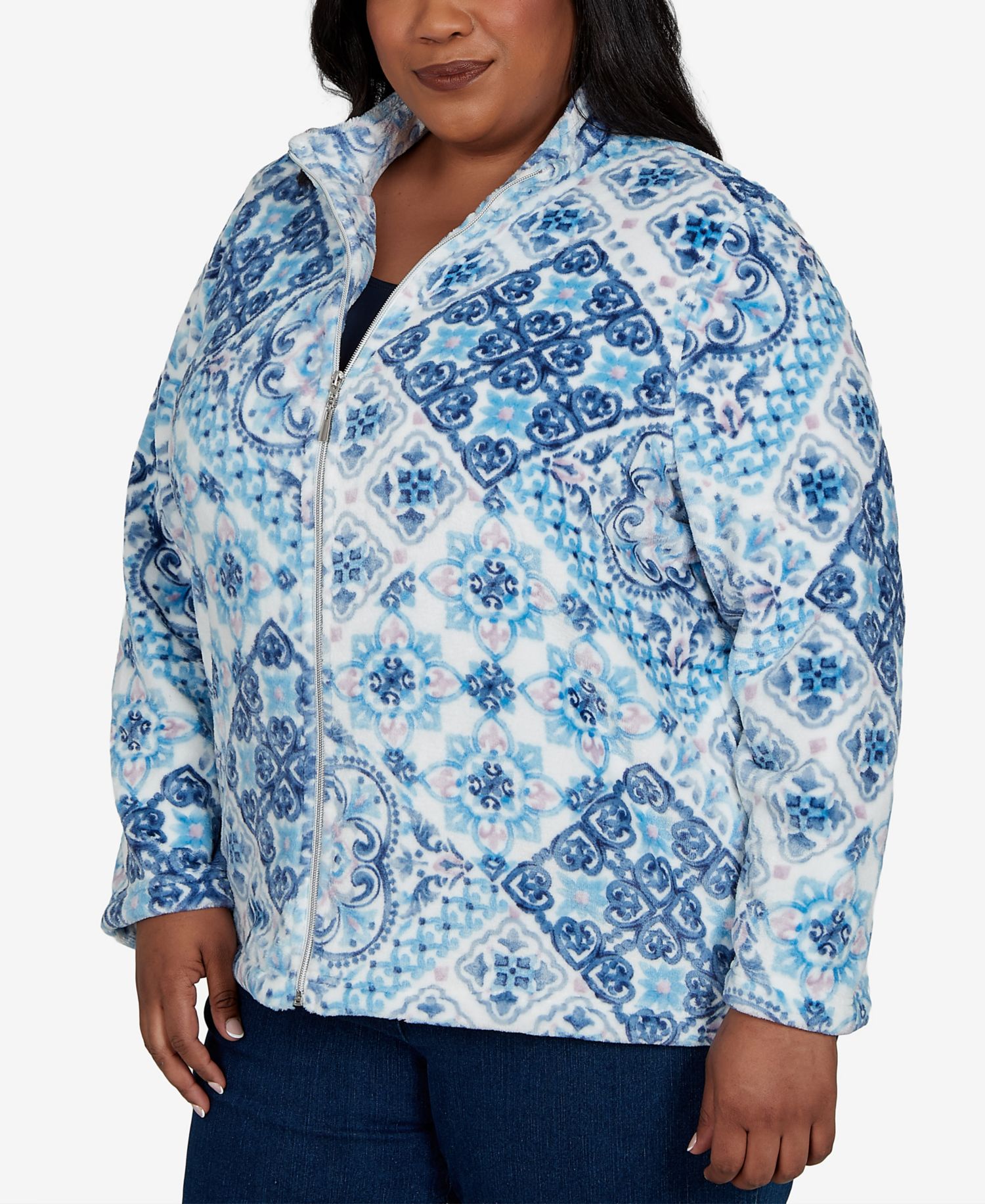 Plus Size Classic Soft Medallion Fleece Geometric-Print Zip-Front Jacket