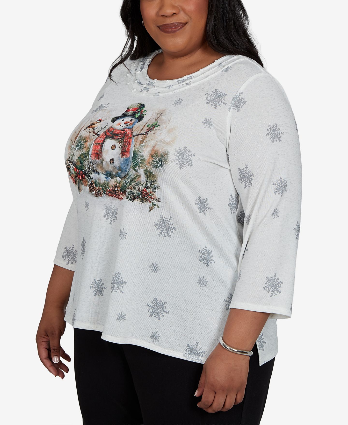 Женский топ Alfred Dunner Plus Size Shimmering Snowman 3/4-Sleeve Holiday, цвет: Серый — фото 2