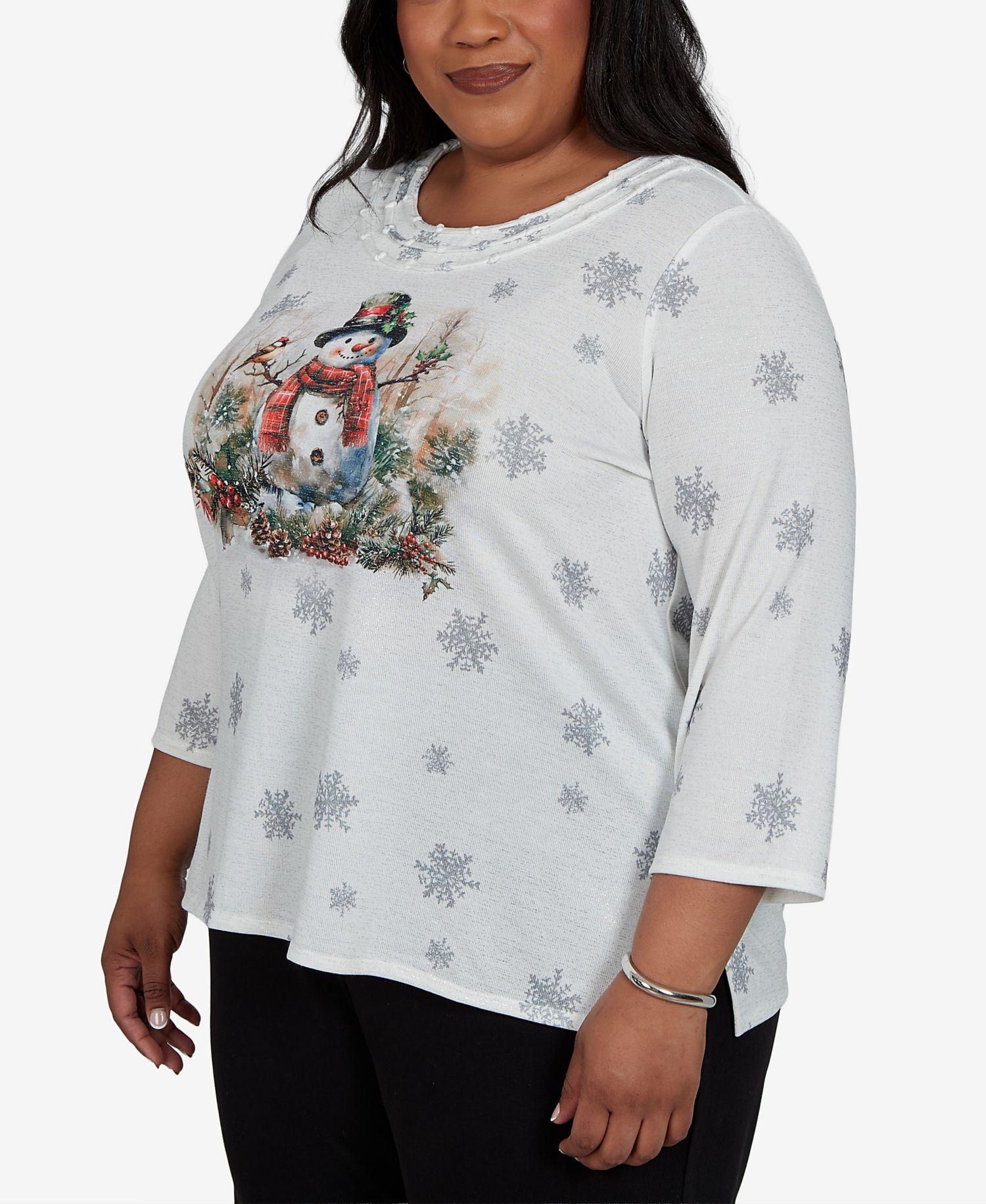 Plus Size Shimmering Snowman 3/4-Sleeve Holiday Top