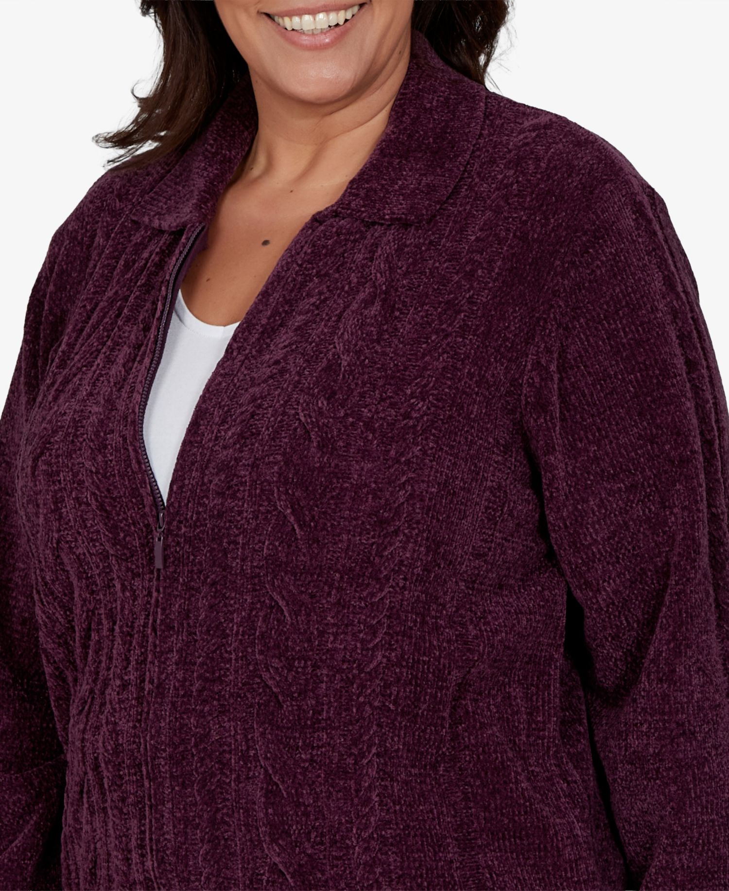 Plus Size Cable-Knit Chenille Full-Zip Cardigan